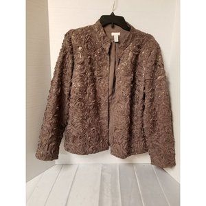 Chico’s Open Jacket Sz. 2/Large/12  Rose Sequin Ribbon  Texas Taupe